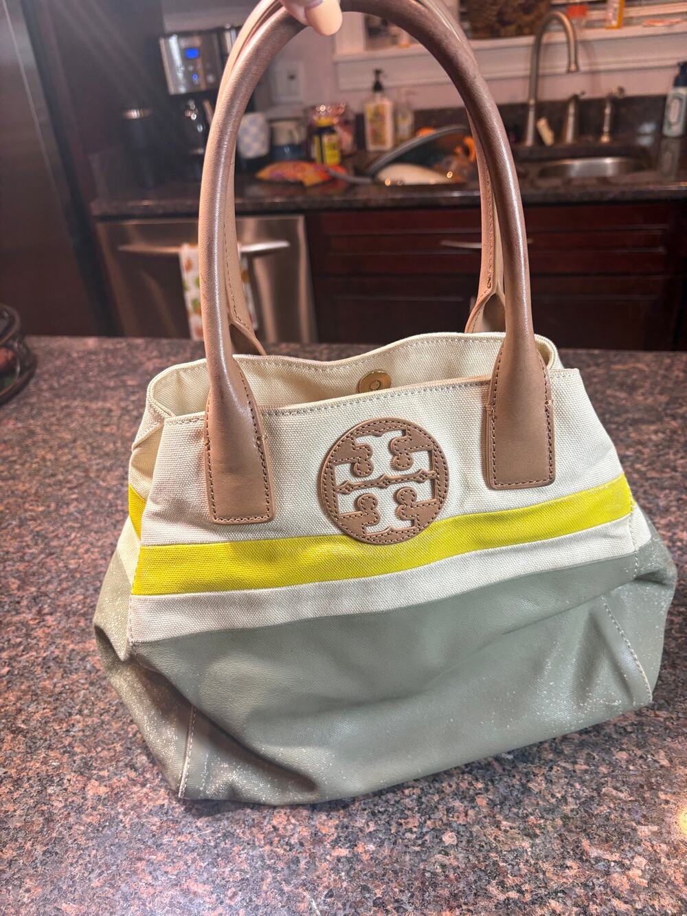 Tory Burch 21129791 Green Khaki Multi Canvas Stripe Tote Shoulder Bag